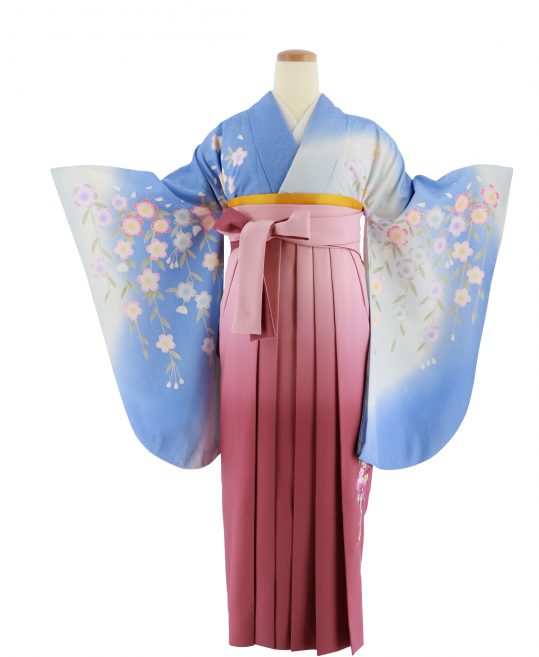 卒業式袴レンタルNo.669[2Lサイズ]青×水色グラデ・ピンク桜